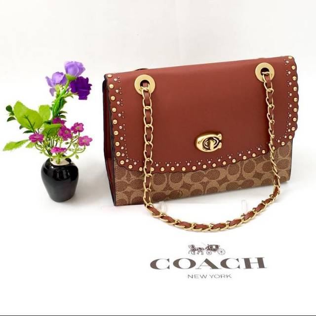 Coach Parker Edge Scallop Rivets Leather Signature tas original authentic asli