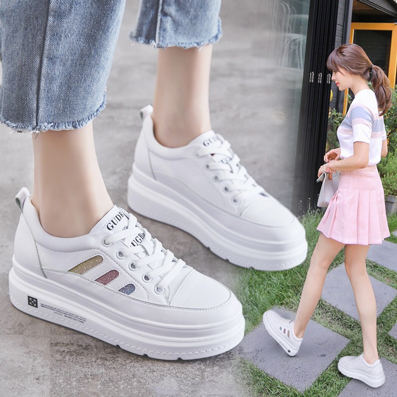 【CUCI GUDANG】 Sepatu Sneakers Wanita Model Korea Sol Tebal Breathable Warna Putih untuk Pelajar Increase 5cm