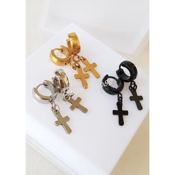 Anting Salib Titanium antikarat bestseller hitam silver emas pria wanita