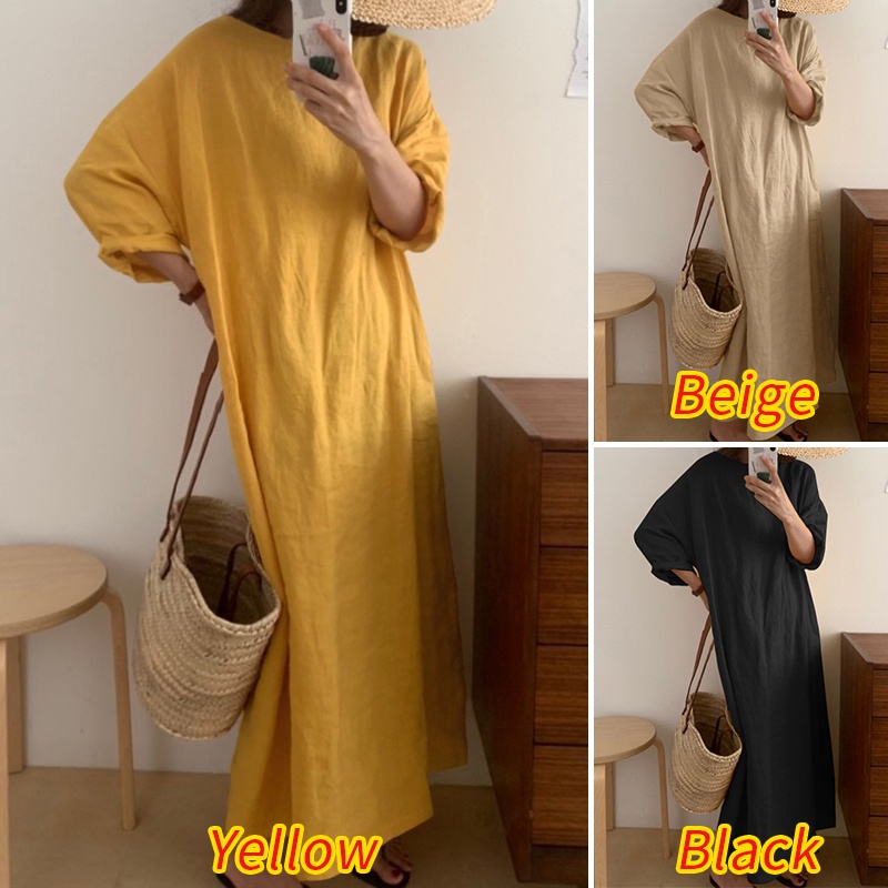 ZANZEA Women Fashion Casual Solid Color Crew Neck Long Sleeve Retro Maxi Dress