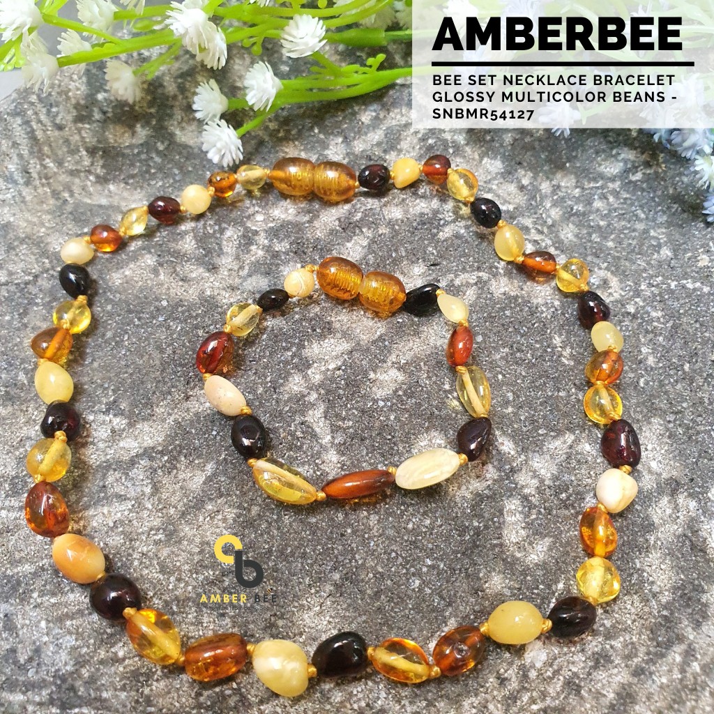 Set Kalung Gelang Amber Lithuania Bayi &amp; Anak Tumbuh Gigi Premium Glossy Beans Multicolor SNBMR54127