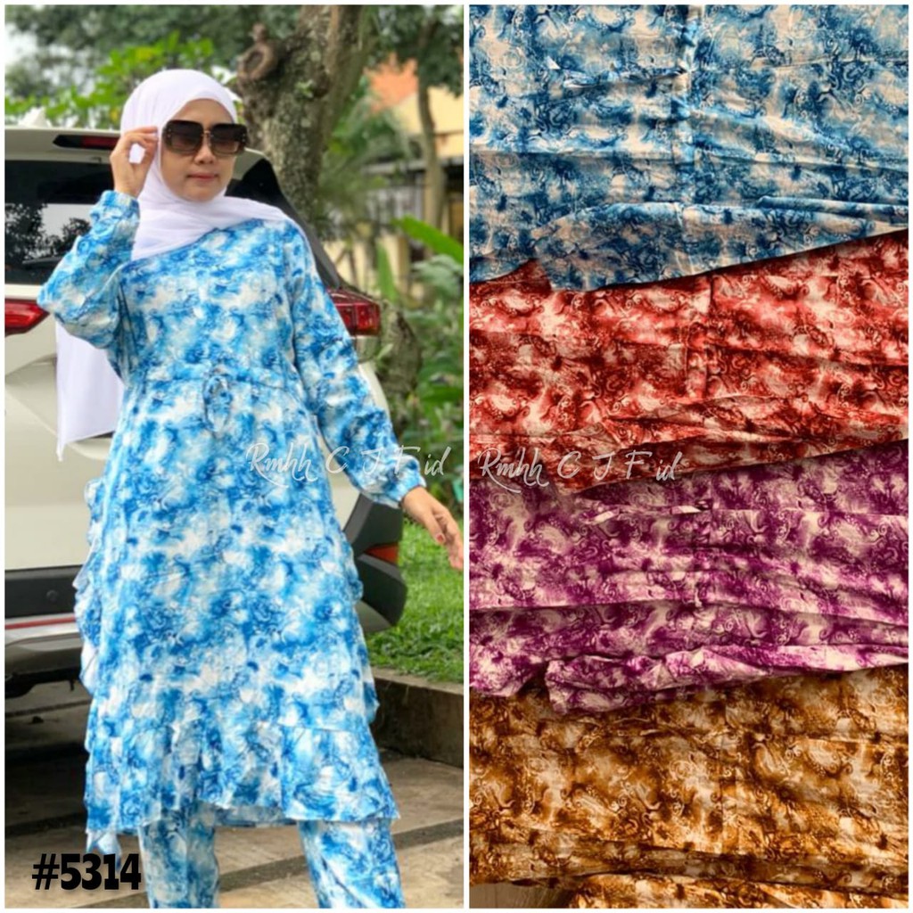 Setcel abstrak Arsyla Resleting depan busui, pinggang tali serut, belah samping remple