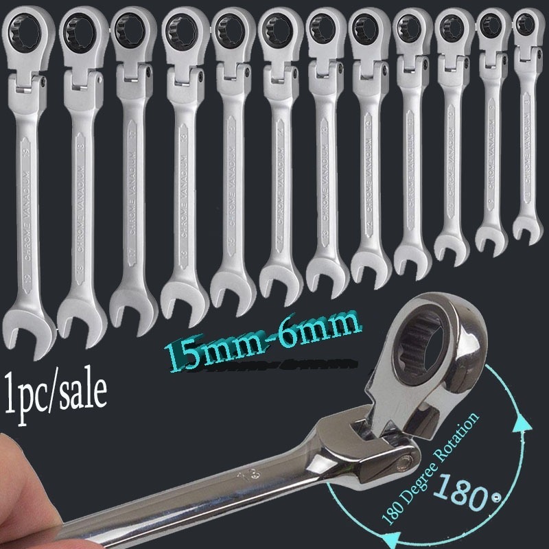1pc Kunci Pas Ratchet Metrik Kepala Flexible Ukuran 6mm - 15mm