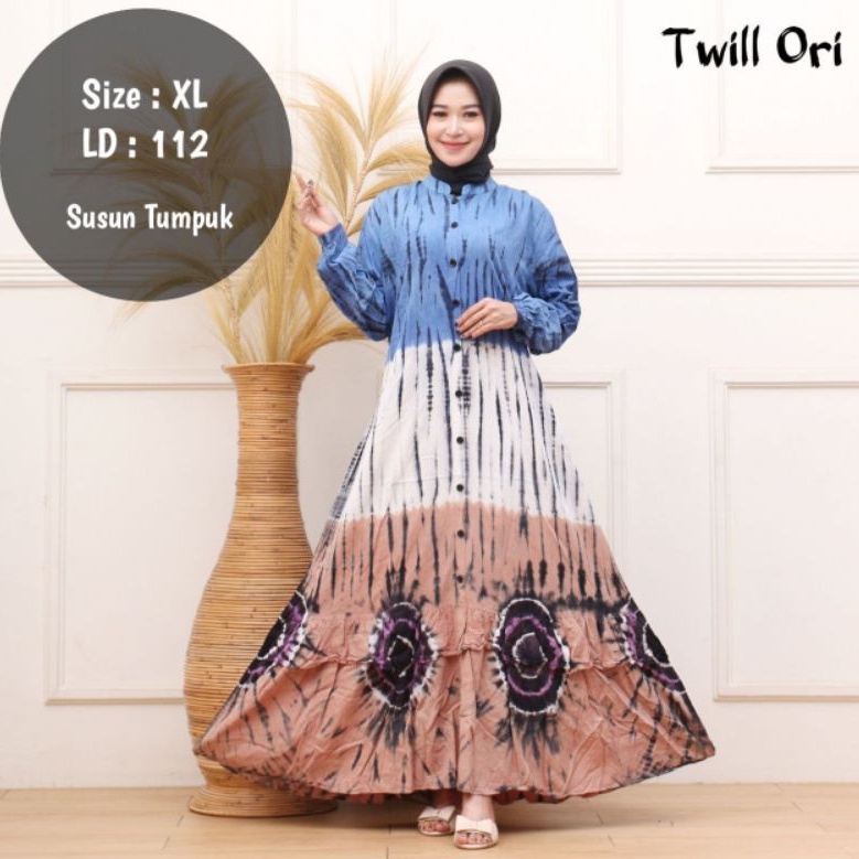 BISA COD - Gamis Twill Ori Terbaru 2021 Gamis Twill Motif Bunga Full Kancing Model Susun Bawah Gamis
