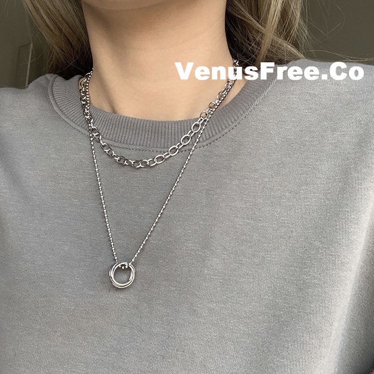 Kalung Rantai Panjang Liontin Cincin Ganda Warna silver Gaya hip hop Untuk Pria Dan Wanita