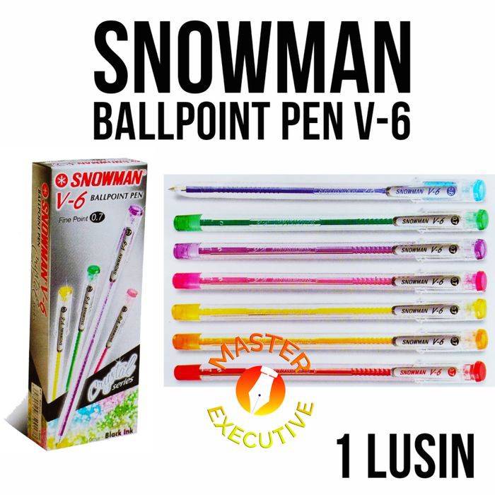 [Pak -12 Buah] Snowman V-6 Crystal Ballpoint Pen 0.7 mm - Bolpen Hitam - Black Ink