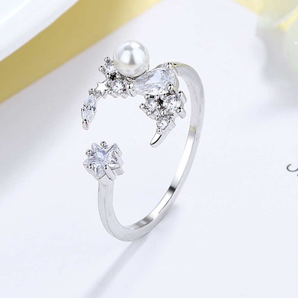 Hu Hu Hu Hu Hu Alat Bantu Pasang Kacamata♡ Cincin Open Ring Adjustable Desain Bulan Bintang Hias Cubic Zirconiamutiara Imitasi Untuk Wanita