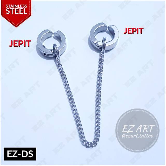 1Pc Model EZ-DS DOUBLE GANDA Rantai Silver Anting Pria Cowok - Wanita Cewek Jepit Tusuk KPOP Punk