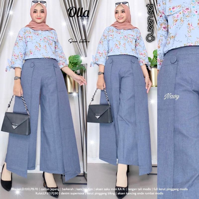 QUEEN SET Wanita / Setelan Blouse Lengan Tali Modis+Kulot Model Simpel Elegan