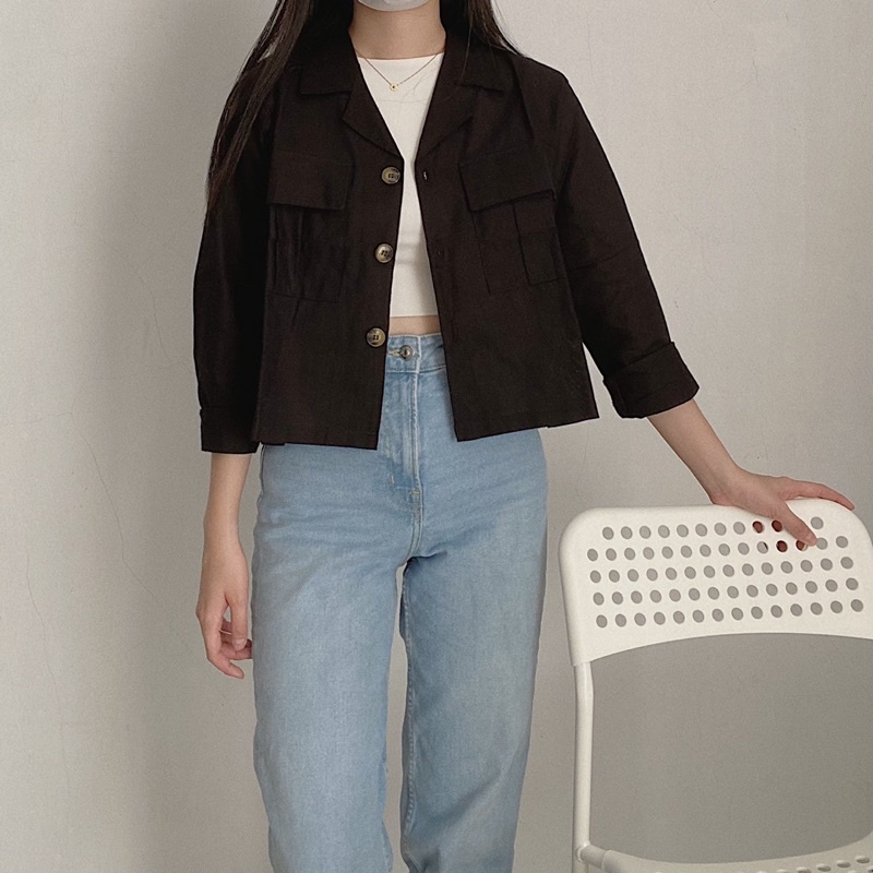 Kemeja Wanita Cewek Putih Tartan Linen Kekinian Lengan Panjang V5R3 Salur Pocket Original Jaman Seka