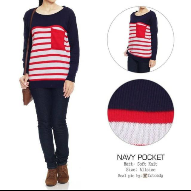 Sweater rajut | Baju rajut | Kaos tebal | Navy Pocket