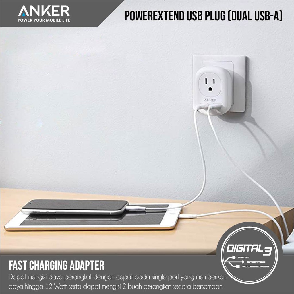 Anker PowerExtend Adapter US Plug Plus Dual USB Charger 12W A9211