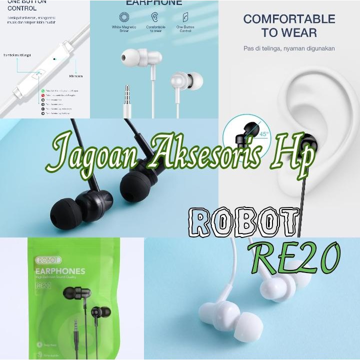 Robot RE40 RE20 Wired Headset In-Ear Earphone Powerfull Bass Oblique In-Ear Deep Bass Ultra Light Wired Earphone High Elastic