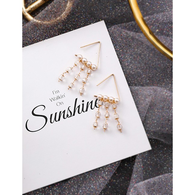 LRC Anting Tusuk Fashion Gold Triangle Pearl Crystal Beaded Tassel Stud Earrings F54365