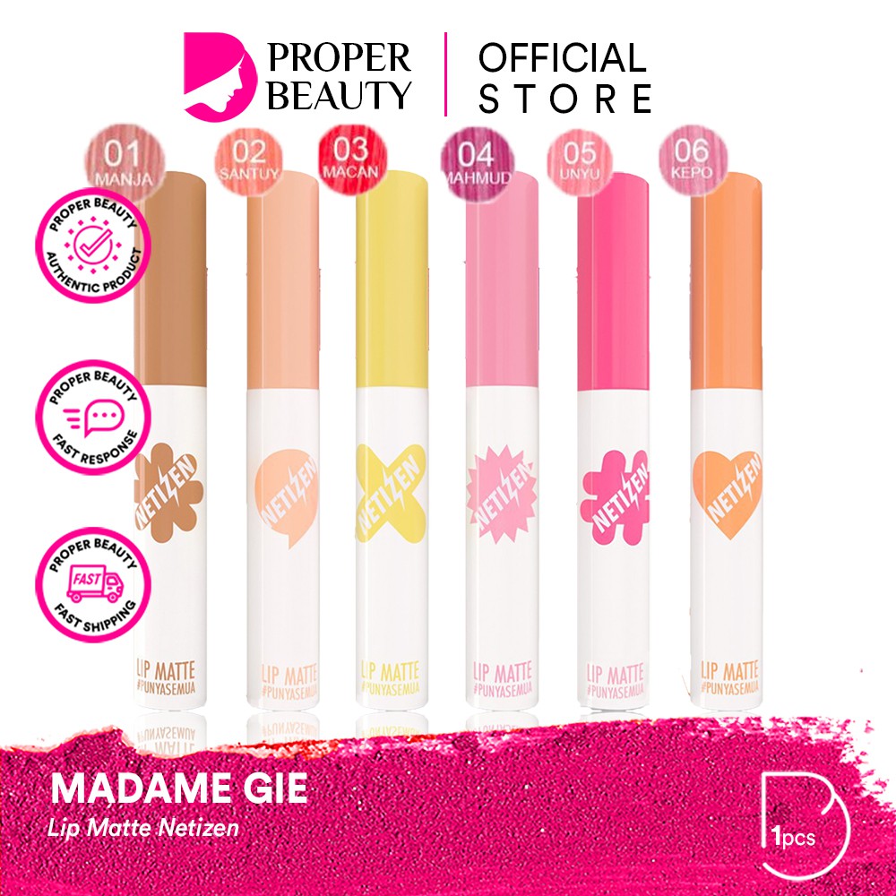 MADAME GIE Lip Matte Netizen Indonesia / Primer BB Foundation Loose Powder Lipstick Eyeshadow Blush On Eyeliner Eyebrow Mascara Lipstick Gloss Balm Kutek / Facial Wash Toner Essence Serum Sunscreen Moisturizer Cream Mask Masker Body Lotion Lipill Paket