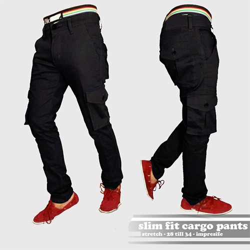 Celana Panjang Kargo/Cargo Slimfit Pria/Cowok Bahan Cotton Twill Stertch bisa  Melar - Hitam (Black)