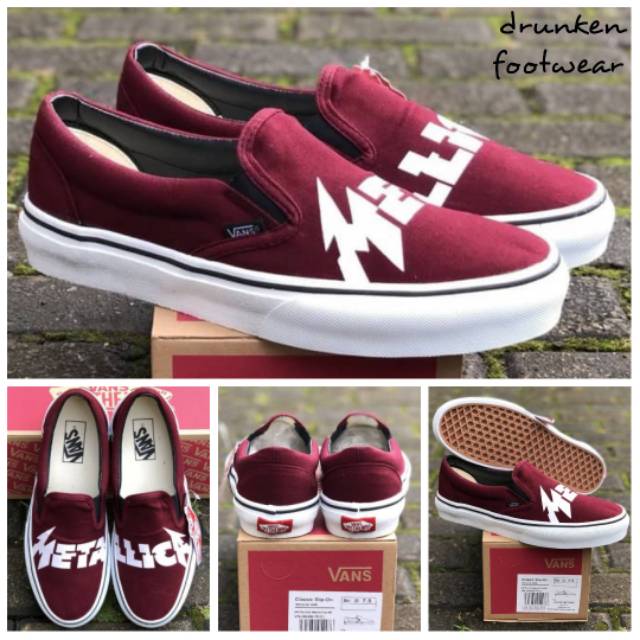 SEPATU VANS SLIP ON METALLICA RED MAROON WHITE - ORIGINAL IMPORT - MARUN PREMIUM PUTIH MERAH SLIPON