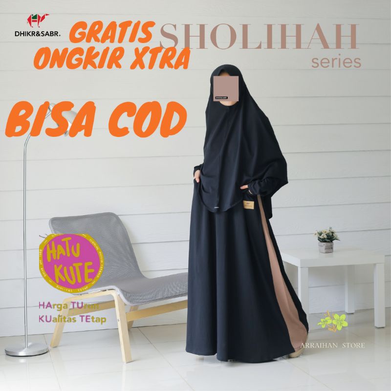 Gamis Wanita Syari Premium Dhikr&Sabr Sholihah Hitam