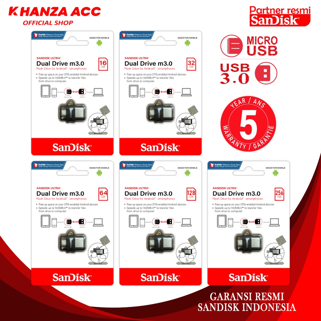 KHANZAACC SANDISK Dual Drive Flashdisk OTG Micro 16GB 32GB 64GB 128GB 256GB SDDD3 ORI