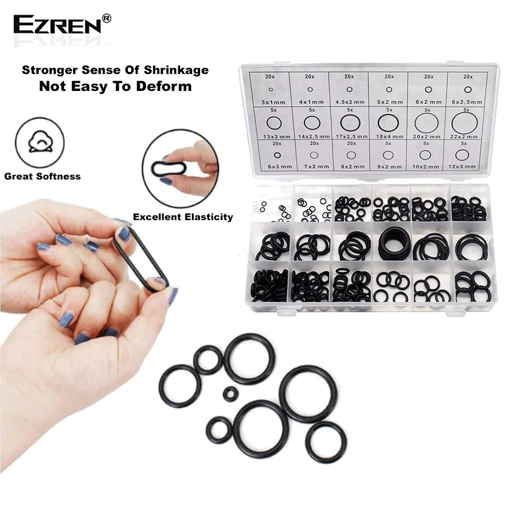 Ezren 225pcs Karet Seal Ring O Set Black Silicon Rubber Karet Ring