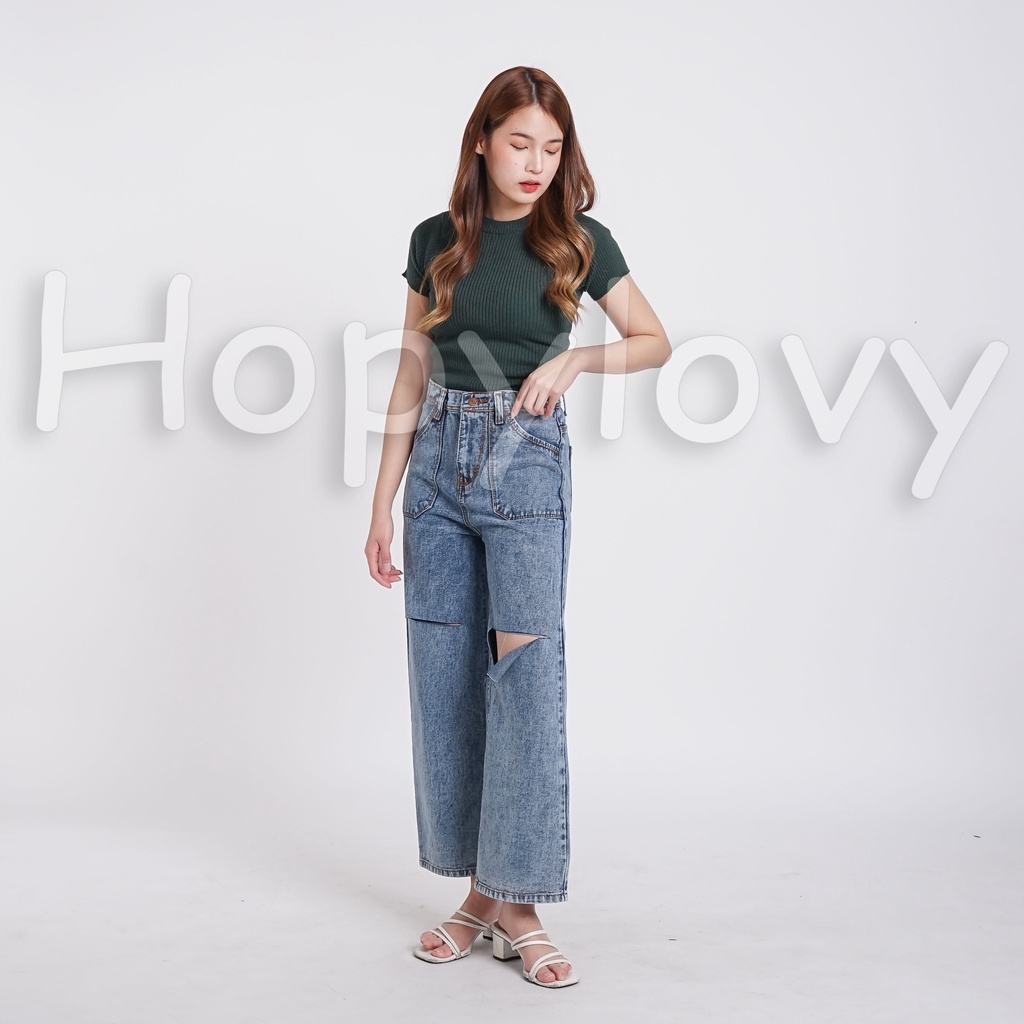 HOPYLOVY Celana Kulot Jeans Wanita Sobek Lutut Highwaist Jeans BF Avika