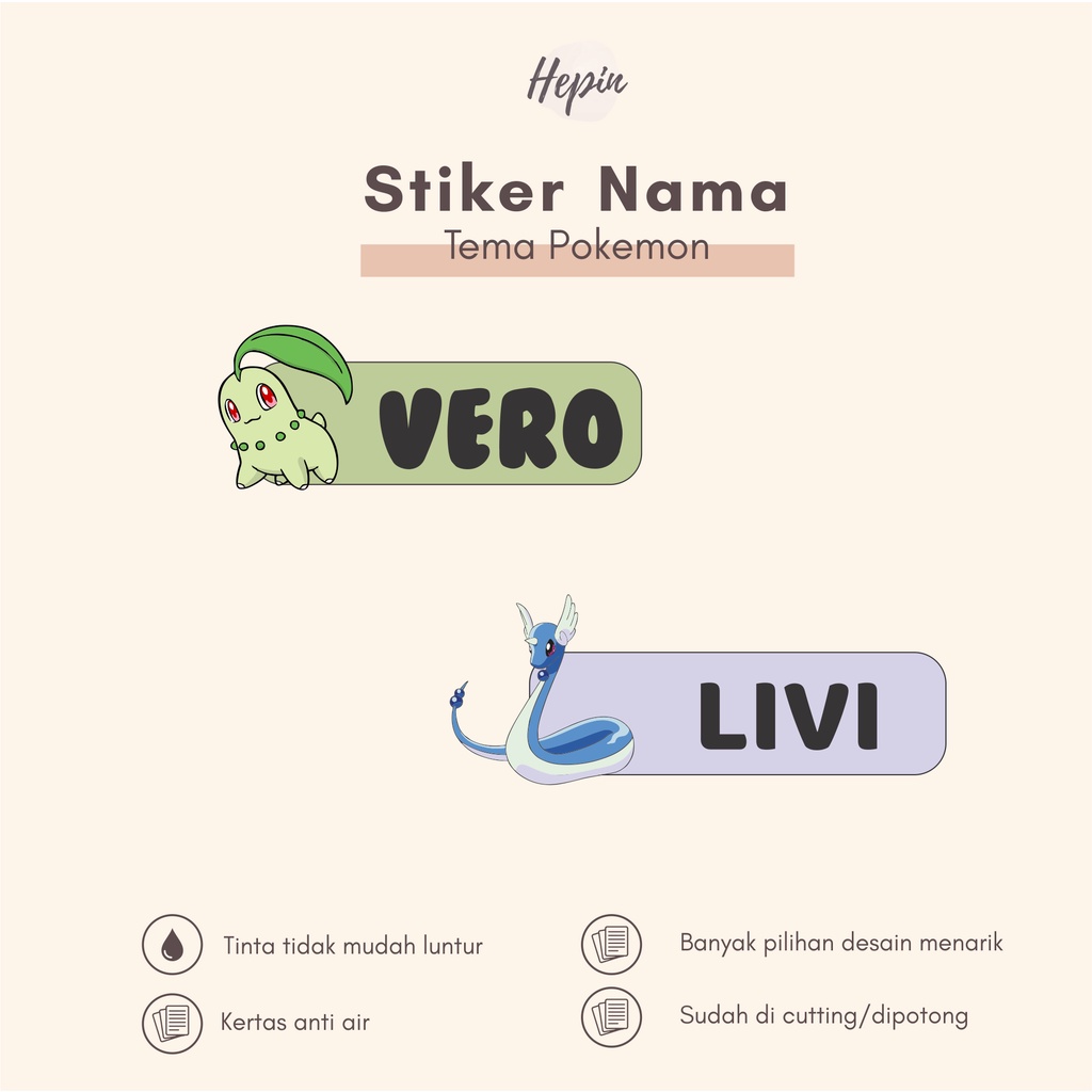 

(90 - 120 pcs) Murah Stiker nama POKEMON/ Stiker Nama Anak Murah / Label Nama Custom waterproff