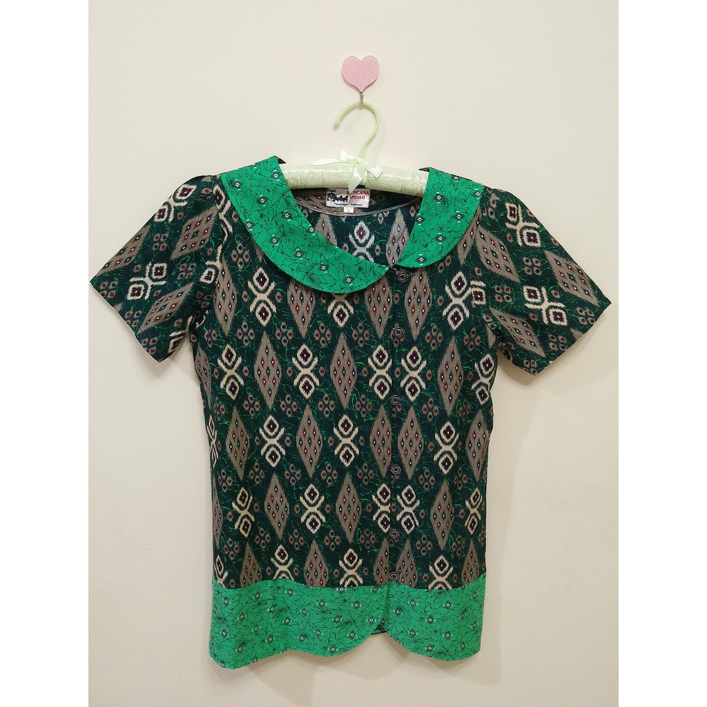 Kemeja Batik Wanita/Baju Batik/Baju Kerja - Blouse Kerah Rebah Green B3006