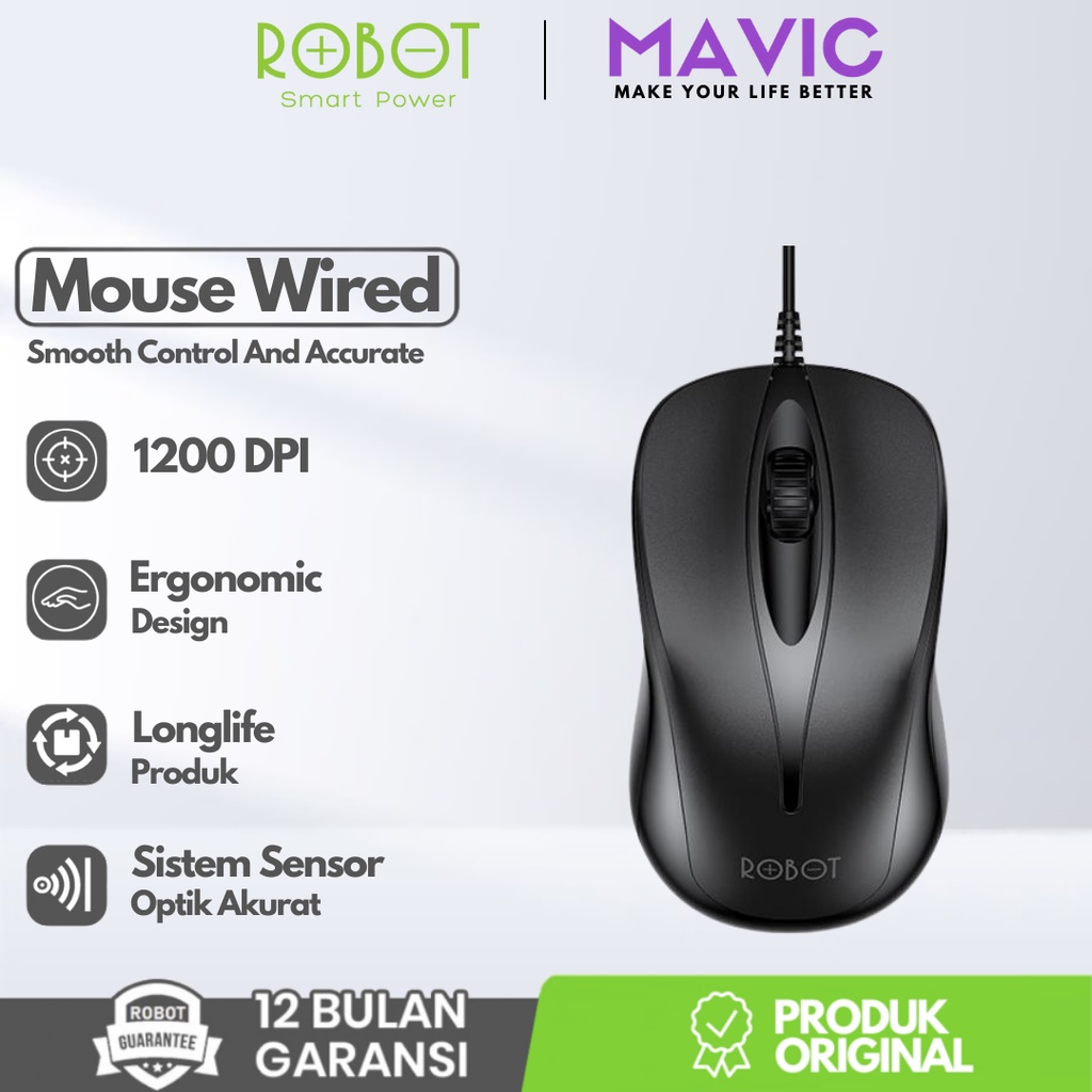 NEW Robot M100 Mouse Wired Laptop Komputer Office Mouse USB Kabel 1200 DPI Termurah (new M110 M120) - Garansi Resmi 1 Tahun