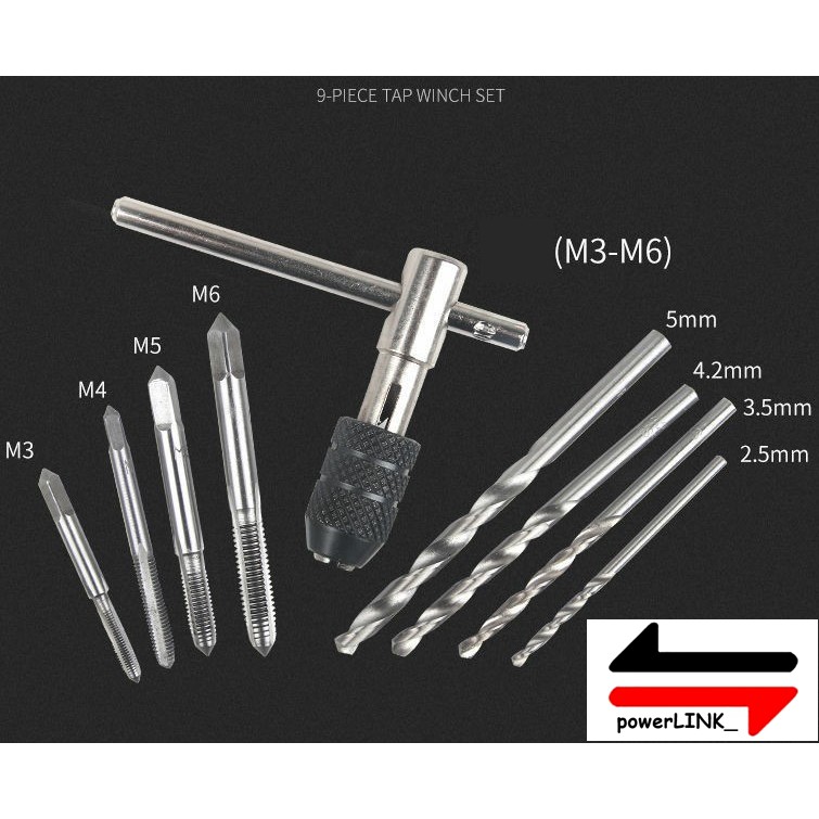 Hand Tap Set 9pcs - Screw M3-M6 Wrench Holder - Reversible Taps