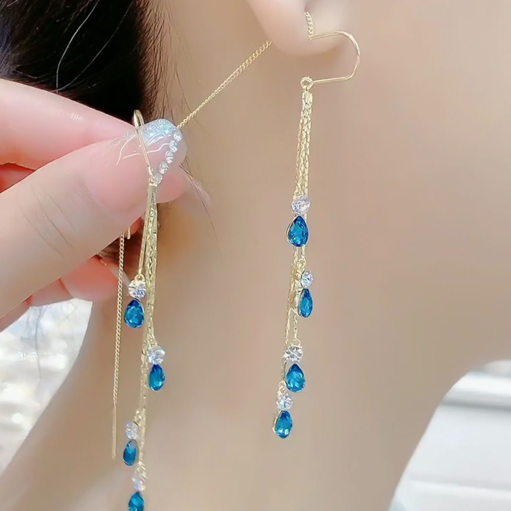 Hu Hu Hu Hu Hu Alat Bantu Pasang Kacamata♡ 1 Pasang Anting Rumbai Menjuntai Aksen Kristal Imitasi Warna Kontras Untuk Wanita