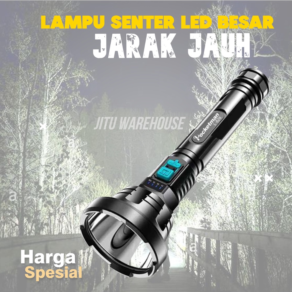 Lampu Senter Cas LED Besar Super Terang Jarak Jauh Waterproof Rechargeable 500 Lumens Senter Camping Gunung