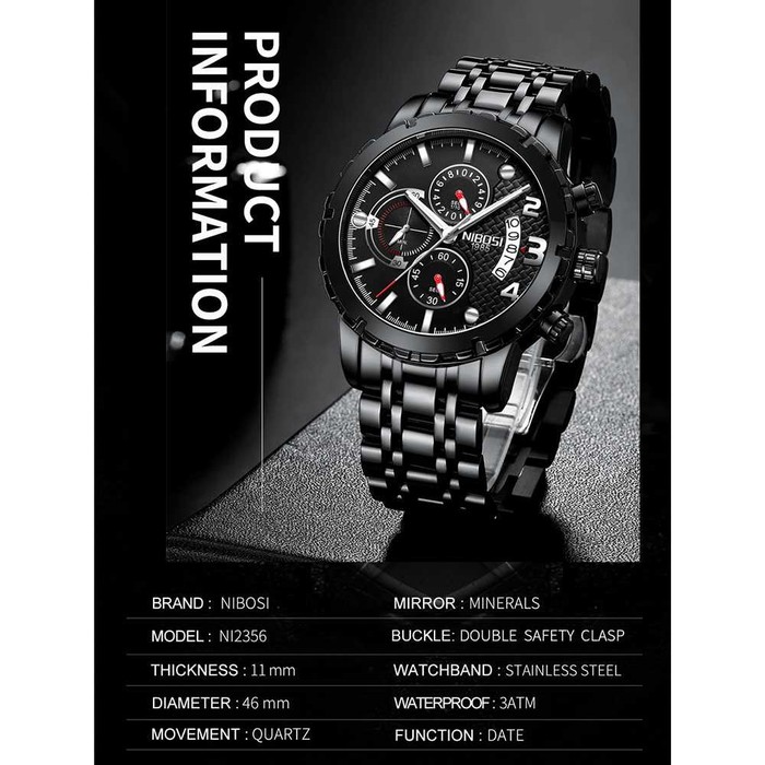 Jam Tangan Pria Original NIBOSI Chronograph 2356 Anti Air Hitam