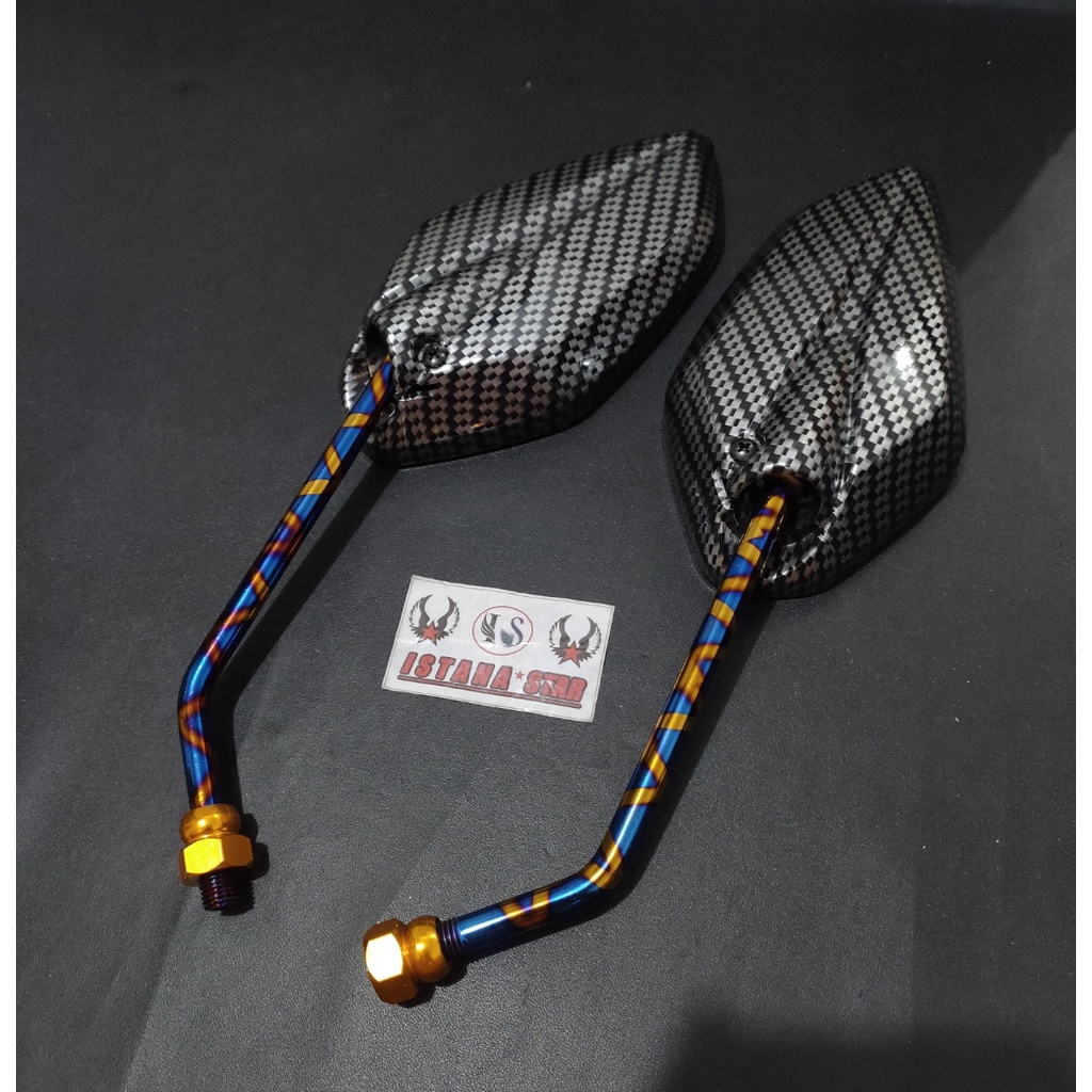 spion jupiter karbon blue x panjng/kaca spion motor yamaha jupiter,nmac,aerox,vixion,dll variasi carbon blue x tangkai panjang bisa untuk semua motor yamaha