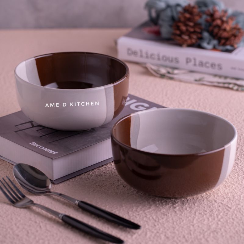 Mangkok sup bulat keramik two tone coklat tua