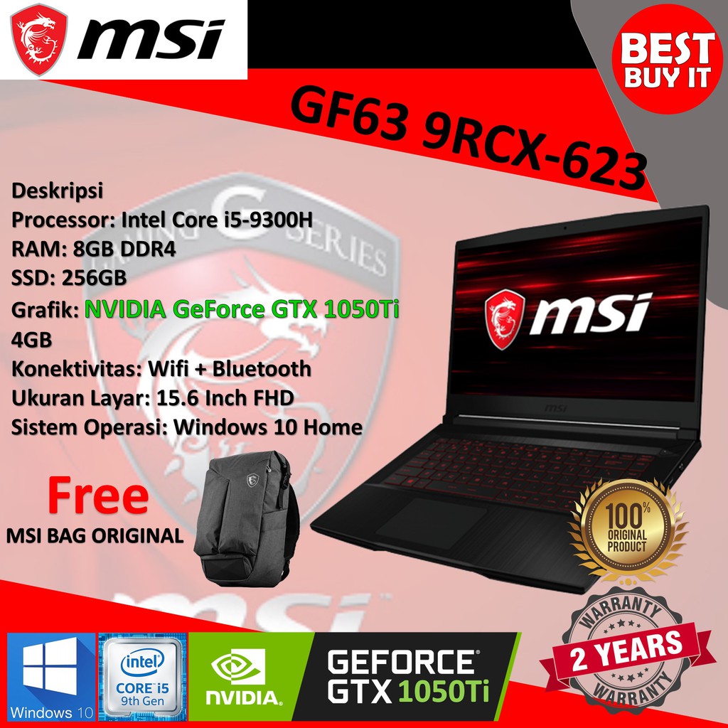 Laptop Gaming MSI GF63 9RCX[9S7-16R312-623] i5-9300H 8GB 256GB 1050Ti