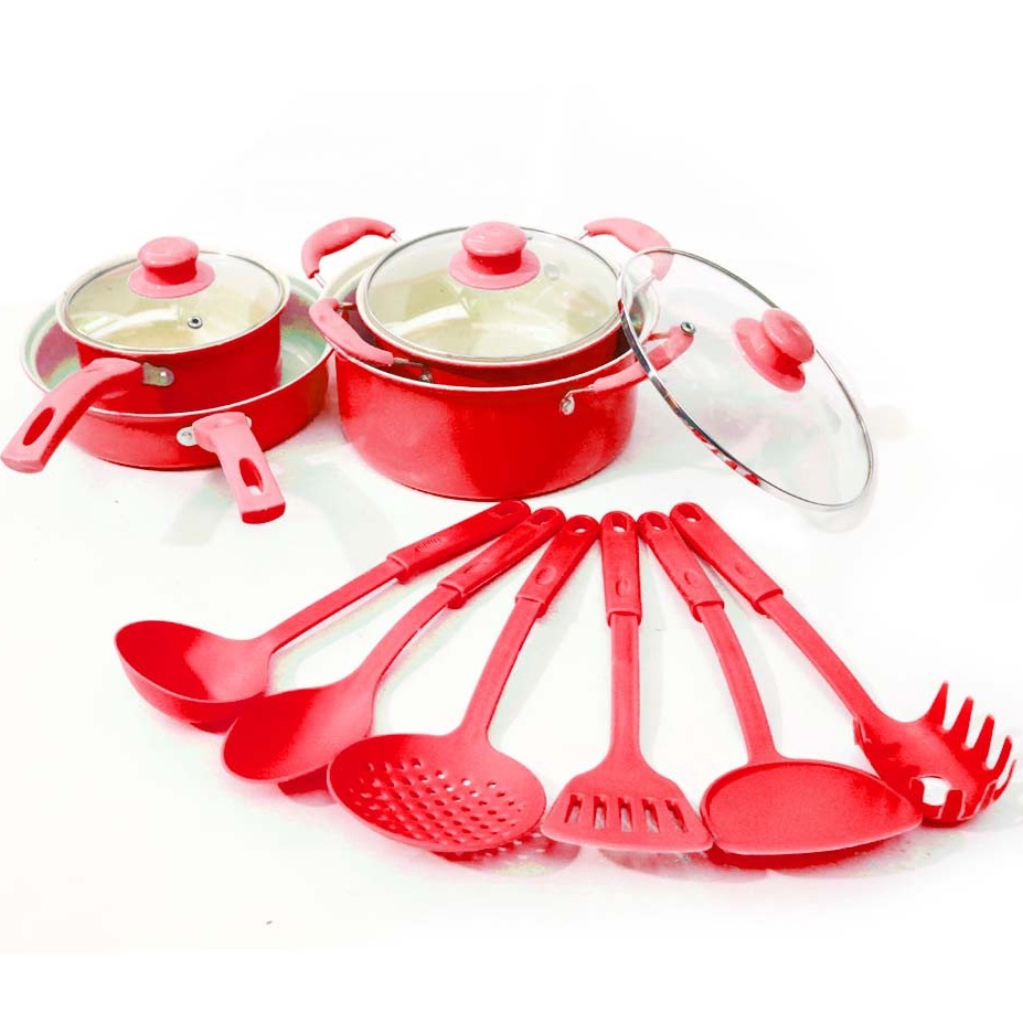 Panci Set Warna isi 13 pcs  Marbel Non-Stick Multifungsi CY-13 - Merah