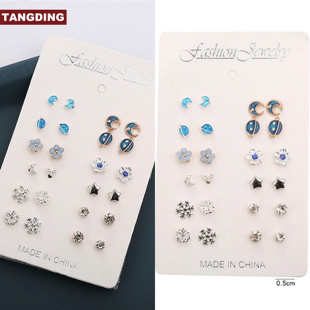 【COD Tangding】12 Pairs of New Fashion Earrings Set with Diamond Moon Earth and Stars Earstuds Jewelry Accessories