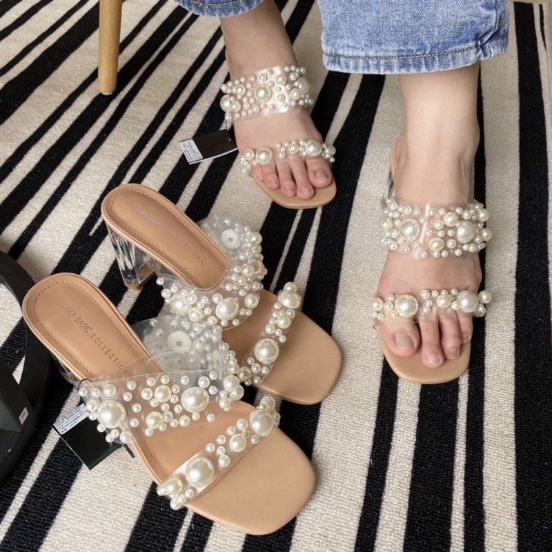 Zara Heeled Double strap sandal with Pearl