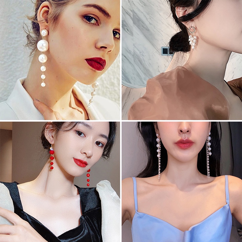 Anting Kait Rumbai Panjang Manik-Manik Mutiara Bulat Gaya Korea Untuk Wanita