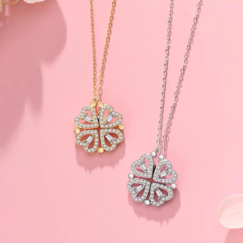 Kalung Anti Karat Korea Hati Berlian Empat Daun Semanggi Liontin Kalung Aksesoris Fashion
