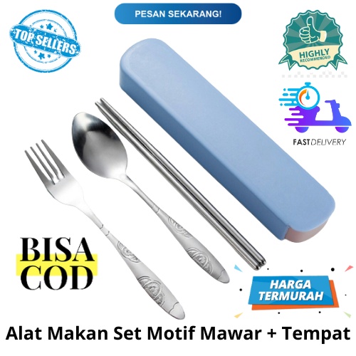 [BISA COD] PROMO Alat Makan Stainless Set Motif Mawar BONUS Tempat Penyimpan Set Alat Makan Sendok Bunga Garpu Bunga Sumpit Murah Sendok Mawar Terjangkau