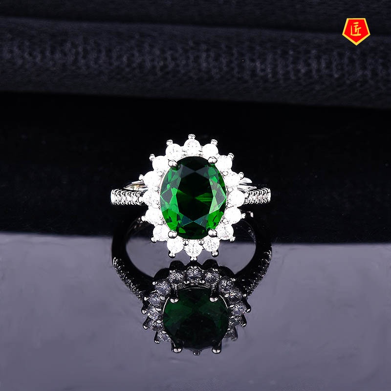 [Ready Stock]Elegant Inlaid Oval Natural Emerald Ring