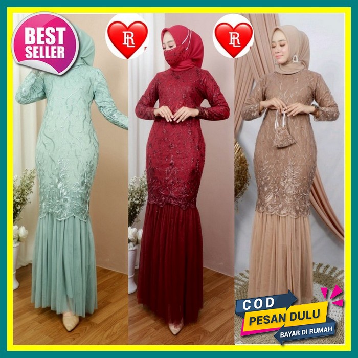 Dress Brokat Terbaru 2022 Gamis Kondangan Keinian Bahan Brokat Mix Tille Full Furing Ukuran Size Xl 
