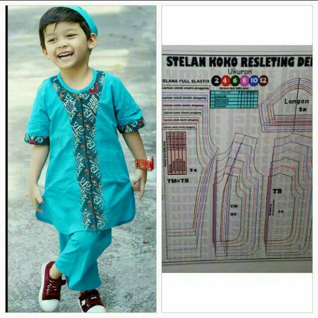 Pola baju pola jahit STELAN KOKO ANAK RESLETING DEPAN ukuran 2-12 thn