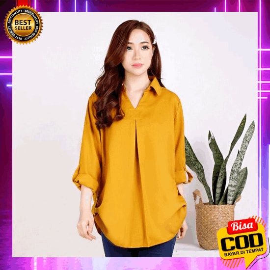 Refana Bluse Wanita Lengan Panjang Kerut Kekinian Korean Style Polos Kombinasi Rempel Bahu Terbaru 2