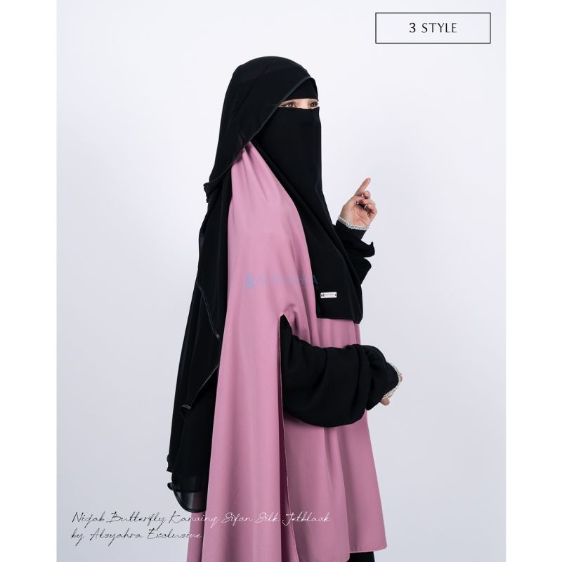 Niqab Butterfly Kancing Sifon Jetblack Alsyahra Exclusive