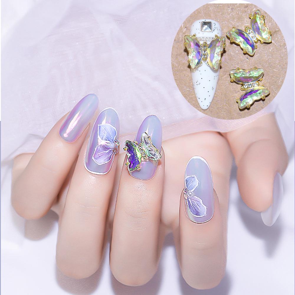 Mxbeauty Hiasan Kuku Kupu-Kupu Kristal Paduan Dasar Datar Manicure Tips Diamond Shiny Zircon Aurora Butterfly