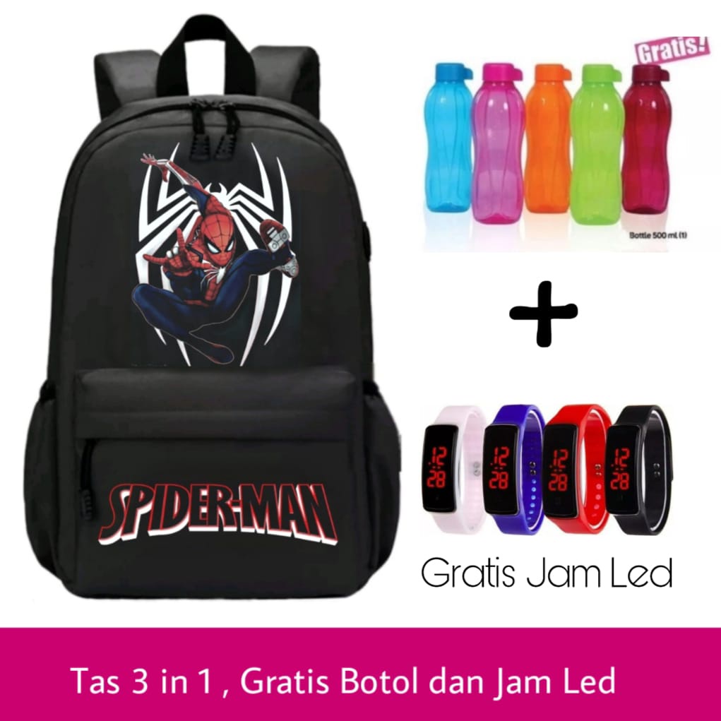 tas ransel anak terbaru - tas anak laki BONUS JAM LED dan BOTOL - tas karakter anak SPIDERMAN