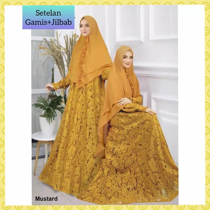 Langsung Order baju muslim jumbo xxxl wanita setelan gamis brukat+jilbab maxi mustard Terlaris