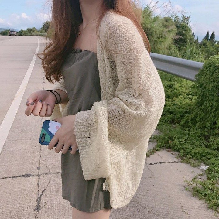 Korea Longgar Sweater lengan panjang tipis Tipis Pakaian pelindung matahari Cardigan pendek-3